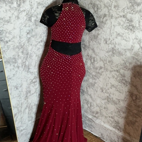 Jovani Red Maxi Dress with Black Lace Sleeves - Picture 3 of 8